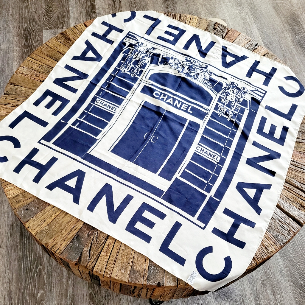 Chanel Cream  Navy Silk Scarf